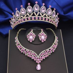 Pink Bridai Crown Jewelry Sets for Women 3 Pcs Tiaras With Necklace Earrings Set Wedding Brides Prom Costume Accessory 240506