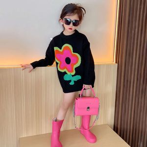 Spring Autumn Girls Sweater Baby Knitwear Kids Knitted Tops Children Pullover Clothes Big Floral Jacquard Rib Knit 4-13Y L2405