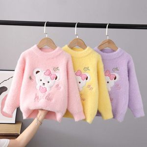 Autumn Winter Girls Sweater Keep Warm Little Girl Cotton Clothing Cartoon Bear Flocking Pullover Sticking Sweaters Kids GY07261 L2405