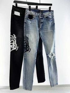 2024 Mens Jeans Trendy Ripped Slim Fit Biker Denim Pants with Embroidery Patchworkl2uu