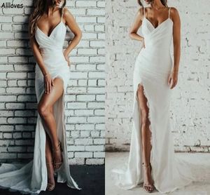 High Split Sheath Sexy Wedding Dresses Women Spaghetti Straps Lace Bohemian Country Beach Bridal Gowns Sleeveless Long Reception Party Dress for Bride