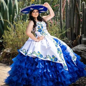 Meksykański niebieski Charro Quinceanera sukienki 2024 vestio de 15 anos xv quinceanera masquerade szesnastu urodzin sukienkę ukochaną haft haft haftowe marszone organza