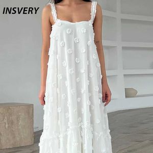 Vestidos de batismo feminino casual vestido boêmio branco de manga longa feminino de verão espaguete floral vestido de férias de praia solta 2024 Q240521