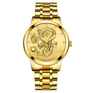 Chiński styl męski zegarek męski nie mechaniczny inkrustowany wodoodporny stalowy opaska kwarcowy złoty smok