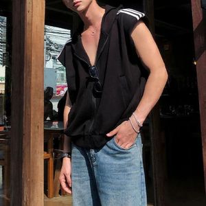 Men Y2k Street Zipper Cardigan Hooded Vest Fashion Design Sleeveless Sweater Top Summer Plus Size Sports Casual Trend Streetwear 240518