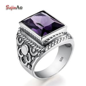 Real 925 Sterling Silber Heavy Signet Ringe Herren massive Amethyst 12*16mm Steinparty Männliches Vintage -Schmuckgeschenk für Ehemann Top 240509