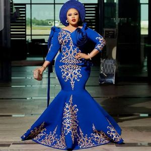 2021 Arabiic Arabic Aso Ebi Ebi Blue Syrenka Seksowne sukienki balowe koronkowe satynowe satynowe wieczor