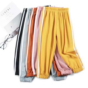 Children Trousers For Boys Girls Linen Elastic Waist Summer Thin Anti-mosquito Breathable Side Stripe Harem Long Pants L2405