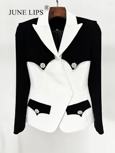 女性用ジャケット6月唇2024秋のファッション黒と白のブロックカラーコントラストスリムフィットダイヤモンドボタンスーツジャケットコート高qua