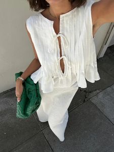 Elegant White Set 2 Piece Woman Chic Lace Up O Neck Ruffled Edge Short Top In Matching Sets Summer Female Street Outfit 240522
