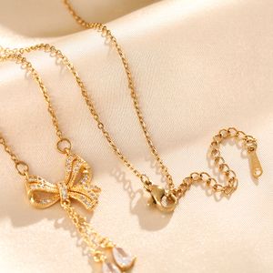 Designer Tassel Bow Titanium Steel Necklace For Women Micro-Paved Zircon Temperament Light Luxury Clavicle Chain Nisch Design Girl Jewelry Gift