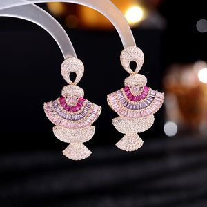 Designer European American Earring Colored Zircon Small Skirt Three-Dimensional Gradient Pink Fan-Shaped Earrings Jewelry