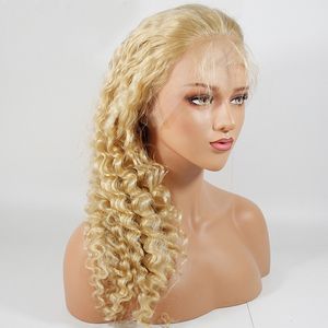 Front Human Hair Wigs 613 Honey Blonde spets brasiliansk hår spets frontal peruk Deep Wave 10-30 tums gratis frakt