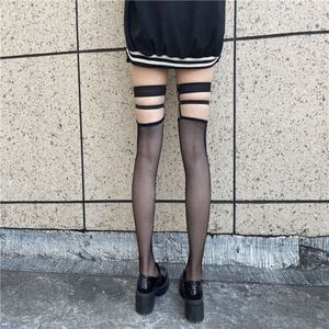 3PCS Punk JK Uniform Girls Mesh Fishnet Stockings Sexy Women Super Elastic Long Socks Goth Suspender Calcetines Anti-Snagging Hosiery