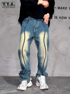 Herren -Shorts High Street Herren neuer Vintage -Denimhose gestreifter Fit Jeans Spring Vintage Wäsche Cowboy Langes Hosen lässig Streetwear J240522