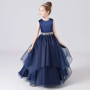 Dideyttawl Navy Blue Sashes Beaded Bow Tiered Flower Girls Organza Princess Formal Dresses Kids Birthday Party Gown L2405