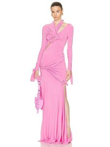 Basic Casual Dresses Sexy long sleeved asymmetrical hollow long skirt for women pink knot cut ultra-thin long skirt elegant party club evening dress J240523