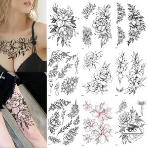 10/20pcs Rose Pfingstrosse Blumenmädchen Temporäre Tattoos für Frauen wasserdichte schwarze Tattoo Aufkleber Blüte Dame Schulter Diy Tatoos 240523