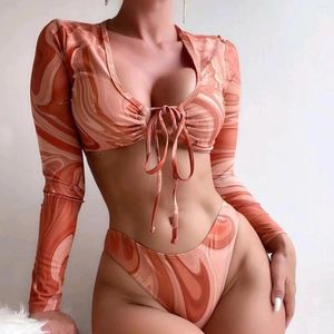 Frauen Badebekleidung Frauen 2024 Bikini Set bedruckt Langhülle Bluse niedriger Hals dünner Gurt offen taille dünne zweisteuelchen Schwimmbrände für unter