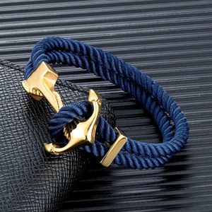 Bangle Mkendn Fashion Mens Anchor Womens Multi Layered Survival Rope Womens Gold rostfritt stål Sailor Buckle Q240522