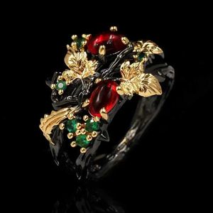 Couple Rings Exit Leaf Flower Color Zircon Womens Ring Jewelry Black Gold Two tone Red Zircon Ring Womens Ring S2452301