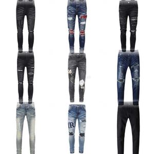 Jeans premium de designer premium de alta qualidade jeans angustiado estilo motociclista preto ou azul slim fit473j