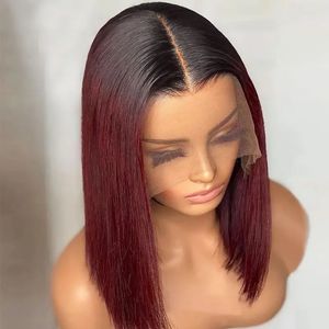 1B99J Bourgogne Short Straight Bob Human Hair Wigs Brazilian Spets Front Human Hair Wigs Pre Plucked T Part Lace Wigs Remy Hair 240515