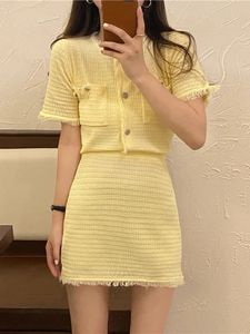 Korean Chic Knit Suit Womens Summer Single-breasted Short-Sleeved Sweater Cropped CardiganHip Wrap Skirt Two-piece Set 240523