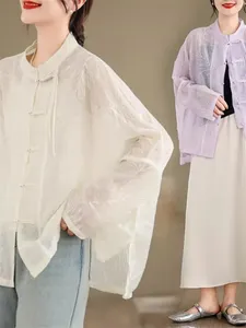 女性用ジャケット大規模な服2024中国スタイルのレトロスタンドカラー刺繍日焼けシャツ透明な薄いジャケットK1155