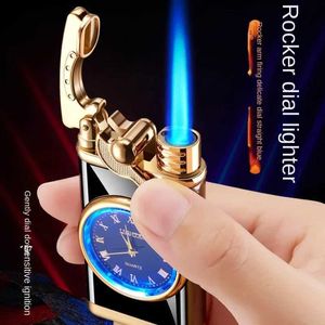 Isqueiros rocker de moda relógio de metal a gás jato butano lanterna à prova de vento Blue Dial Blue Light Mens Q240522