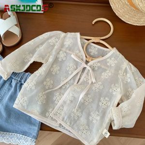 Simple Girl Floral Air-conditioned Top Thin Outerwear Baby 0-6 Years-Children Hollowed-out Cardigan Shirt for Summer 240523