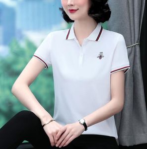 New striped bee embroidery short sleeved t-shirt for women's 2024 summer fashion polo shirt lapel top and versatile short sleeves Tees