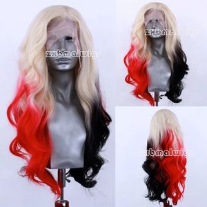 Ombre Blonde bis halb rote schwarze schwarze wellige synthetische präparierte Spitze vorne Hitzebeständiger Drag Queen Cosplay Perücken für Frauen 240515