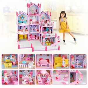 Doll House Accessories Hot Princess Big Villa DIY Doll House Mini Model Building Kit Large Doll House Childrens Toy Furniture Q240522