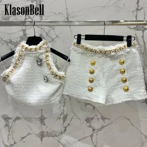 1027 Klasonbell Elegante Mode Tweed -Kette Diamonds Bea Tanktop oder Goldknopf Dekorationshorts Set 240516