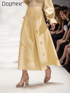 Юбки сладкая высокая талия a-line Желтая юбка костюма самка 2024 летние элегантные сшивающие цветы