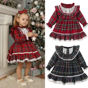 Boże Narodzenie Czerwona Dress for Girls Bow Trime Ruffle Plaid Party Princess Children Nowy Rok Kostiumy L2405