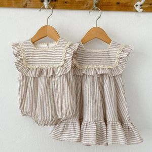 Mädchenkleider Schwestern Kleidung Kinder Party Kleid Kleinkind Baby Strampler Ärmel und Baumwollstreifen Sommer Mädchen Prinzessin Korean Style Jhqai