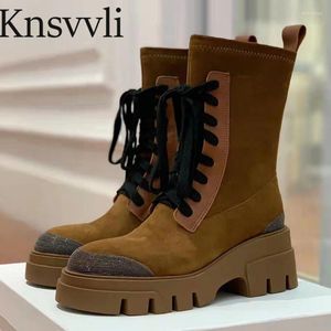 Boots Motorcycle Women Lace Up Short Casual Flat Shoes Cow Suede Round Toe Thick Sole Knight Woman