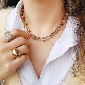 Designer's High version Gold plating Brand Horseshoe Double Ring Full Diamond Bamboo Necklace with U-shaped Interlocking Couple Button