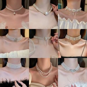Multilayer Pearl Choker Necklaces for Women Short Geometric Crystal Chokers Necklace Vintage Weddings Bride Jewelry 240515