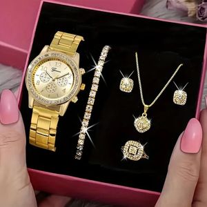 5 PCS Set Gold Watch Women Luxury Ring Necklace Earrings Rhinestone Fashion Wristwatch Female Casual Watches Bracelet Set 240522