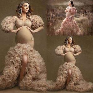 2022 Ruffles Champagne Tulle Kimono Women Evening Dresses Robe Photoshoot Half Sleeves Off Shoulder Prom Gowns African Mermaid Split Ma 305G