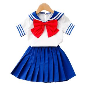 Children's Suit For Girls Summer Short Sleeve Bow Top + Pleated Skirt Sailor Moon Cosplay Sets Casual Outfit Baby Kids Clothing L2405