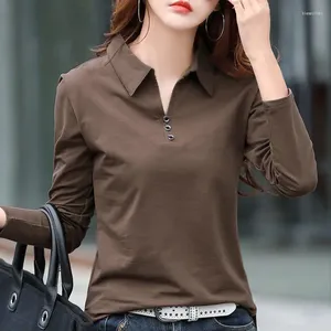 Camiseta de algodão polo feminino 2024 camisa de pólo de mangas compridas solta top slim