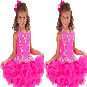 Sweet Pink High Neck Girls Pageant Dresses With Beaded Crystals Tiered Children Birthday Wedding Party Gowns Teenage Princess Toddler D 271U