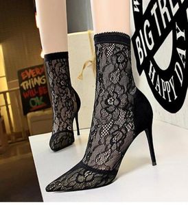 Plus size 34 to 42 43 sexy black lace pointed toe stiletto high heel elastic stocking boots2514558