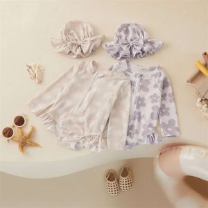 Tregren Toddler Infant Baby Girls Swimsuit Flower Print Zipper Long Sleeve Swimwear Bow Swim Cap Beach Bathing Suit Monokini L2405