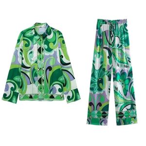 Mulheres TwoPiece Set Suit de terno graffiti cetim de cetim de mangas compridas Camisa de lapela de canto casual Pontas de perna larga em casa roupas soltas 240515