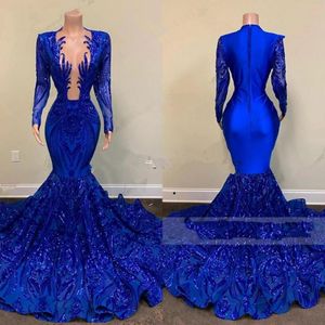 2022 African Royal Blue Sparkly Sequined Lace Bling Prom Dresses Long Sleeves Sequins Mermaid Plus Size Pageant Party Dress Formal Even 246L